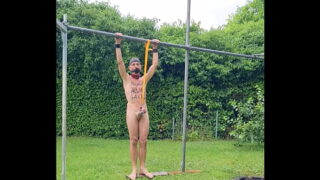 naked slave pig exposed in penis cage tied up outdoor in rain at my testicles, humiliating body writing, BDSM