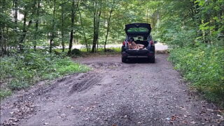 naked pathetic slave exposed in penis cage outdoor, public hiking, piss, travel in trunk like a pig, BDSM CBT